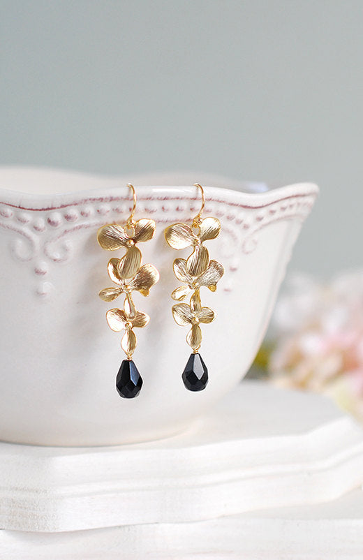 Gold and Black Long Dangle Earrings. Gold Cascading Orchids Flower Black Onyx Teardrop Crystal Chandelier Earrings. Wedding Bridal Earrings