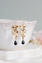 Load image into Gallery viewer, Gold and Black Long Dangle Earrings. Gold Cascading Orchids Flower Black Onyx Teardrop Crystal Chandelier Earrings. Wedding Bridal Earrings
