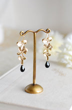 Load image into Gallery viewer, Gold and Black Long Dangle Earrings. Gold Cascading Orchids Flower Black Onyx Teardrop Crystal Chandelier Earrings. Wedding Bridal Earrings
