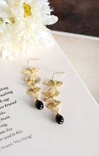 Load image into Gallery viewer, Gold and Black Long Dangle Earrings. Gold Cascading Orchids Flower Black Onyx Teardrop Crystal Chandelier Earrings. Wedding Bridal Earrings
