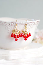 Load image into Gallery viewer, Ruby Red Gold Chandelier Earrings Siam Glass Gold Peacock Feather Filigree Dangle Earrings Red Wedding Bridal Jewelry July Birthstone
