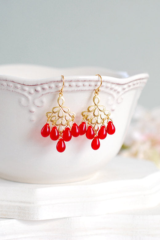 Ruby Red Gold Chandelier Earrings Siam Glass Gold Peacock Feather Filigree Dangle Earrings Red Wedding Bridal Jewelry July Birthstone