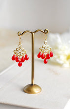 Load image into Gallery viewer, Ruby Red Gold Chandelier Earrings Siam Glass Gold Peacock Feather Filigree Dangle Earrings Red Wedding Bridal Jewelry July Birthstone
