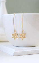 Load image into Gallery viewer, Gold Star Earrings. Shooting Star Earrings, Matte Gold Filigree Star Long Dangle Earrings, Star Jewelry, Wish Earrings
