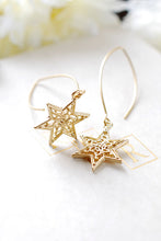 Load image into Gallery viewer, Gold Star Earrings. Shooting Star Earrings, Matte Gold Filigree Star Long Dangle Earrings, Star Jewelry, Wish Earrings
