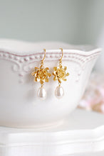 Load image into Gallery viewer, Gold Lotus Cream Pearl Earrings, Yoga Lotus Jewelry, Swarovski Ivory Cream Teardrop Pearls Dangle Earrings, Wedding Bridal Gold Earrings
