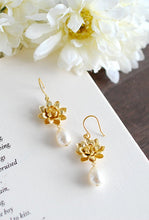 Load image into Gallery viewer, Gold Lotus Cream Pearl Earrings, Yoga Lotus Jewelry, Swarovski Ivory Cream Teardrop Pearls Dangle Earrings, Wedding Bridal Gold Earrings
