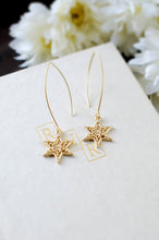 Load image into Gallery viewer, Gold Star Earrings. Shooting Star Earrings, Matte Gold Filigree Star Long Dangle Earrings, Star Jewelry, Wish Earrings
