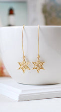 Load image into Gallery viewer, Gold Star Earrings. Shooting Star Earrings, Matte Gold Filigree Star Long Dangle Earrings, Star Jewelry, Wish Earrings
