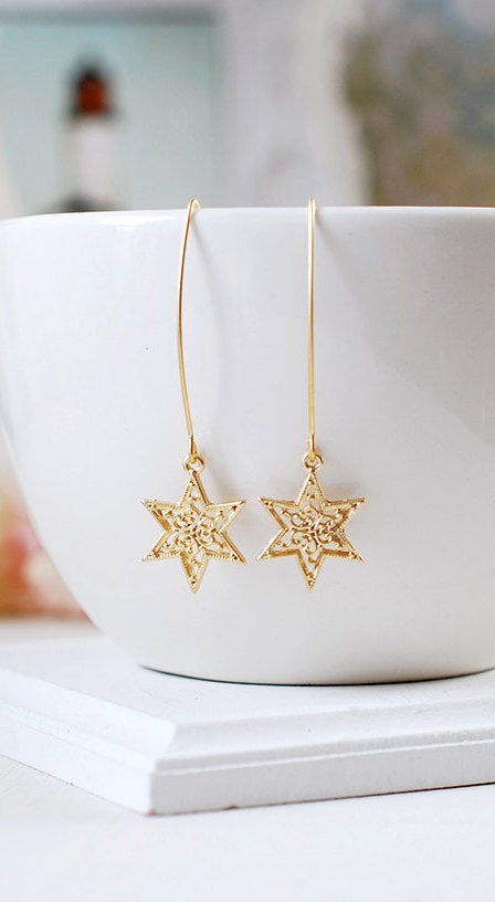 Gold Star Earrings. Shooting Star Earrings, Matte Gold Filigree Star Long Dangle Earrings, Star Jewelry, Wish Earrings