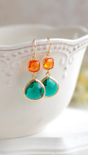 Load image into Gallery viewer, Orange and Emerald Green Earrings, Gold Plated Orange and Large Green Teardrop Glass Dangle Earrings, Wedding Jewelry, Bridesmaid Earrings
