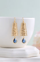 Load image into Gallery viewer, Gold Pendant Montana Blue Earrings, Navy Blue Sapphire Blue Teardrop Crystal Dangle Earrings, Chandelier Earrings, Gold and Blue Wedding
