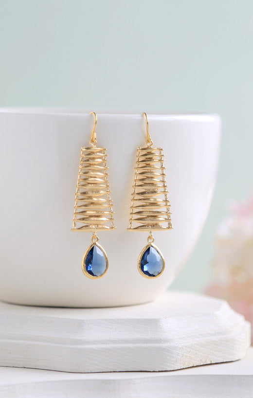 Gold Pendant Montana Blue Earrings, Navy Blue Sapphire Blue Teardrop Crystal Dangle Earrings, Chandelier Earrings, Gold and Blue Wedding