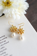 Load image into Gallery viewer, Gold Lotus Cream Pearl Earrings, Yoga Lotus Jewelry, Swarovski Ivory Cream Teardrop Pearls Dangle Earrings, Wedding Bridal Gold Earrings
