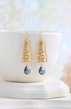 Load image into Gallery viewer, Gold Pendant Montana Blue Earrings, Navy Blue Sapphire Blue Teardrop Crystal Dangle Earrings, Chandelier Earrings, Gold and Blue Wedding
