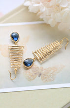 Load image into Gallery viewer, Gold Pendant Montana Blue Earrings, Navy Blue Sapphire Blue Teardrop Crystal Dangle Earrings, Chandelier Earrings, Gold and Blue Wedding
