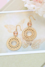 Load image into Gallery viewer, Gold Peach Champagne Earrings. Round Gold Hoop Dangle Earrings, Moroccan Earrings, Peach Wedding Bridal Earrings, Bridesmaid Earrings
