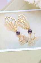 Load image into Gallery viewer, Gold Wing Earrings Purple Glass Gold Dangle Earrings Amethyst Purple Fairy Wings Cicada Wings Angel Wings Wing Jewelry February Birthstone
