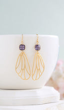 Load image into Gallery viewer, Gold Wing Earrings Purple Glass Gold Dangle Earrings Amethyst Purple Fairy Wings Cicada Wings Angel Wings Wing Jewelry February Birthstone
