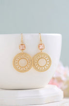 Load image into Gallery viewer, Gold Peach Champagne Earrings. Round Gold Hoop Dangle Earrings, Moroccan Earrings, Peach Wedding Bridal Earrings, Bridesmaid Earrings
