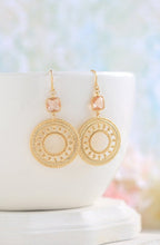 Load image into Gallery viewer, Gold Peach Champagne Earrings. Round Gold Hoop Dangle Earrings, Moroccan Earrings, Peach Wedding Bridal Earrings, Bridesmaid Earrings
