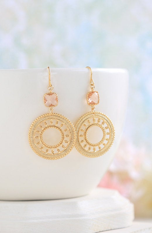 Gold Peach Champagne Earrings. Round Gold Hoop Dangle Earrings, Moroccan Earrings, Peach Wedding Bridal Earrings, Bridesmaid Earrings