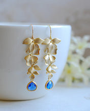 Load image into Gallery viewer, Cobalt Blue Crystal Matte Gold Cascading Orchids Flower Long Dangle Earrings Sapphire Blue Bridal Earrings Cobalt Blue Wedding Jewelry
