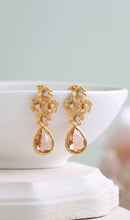 Load image into Gallery viewer, Gold Flowers Cubic Zirconia Peach champagne Glass Post Earrings. 925 Sterling Silver Post, Bridal Earrings, Wedding Bridesmaid Gift
