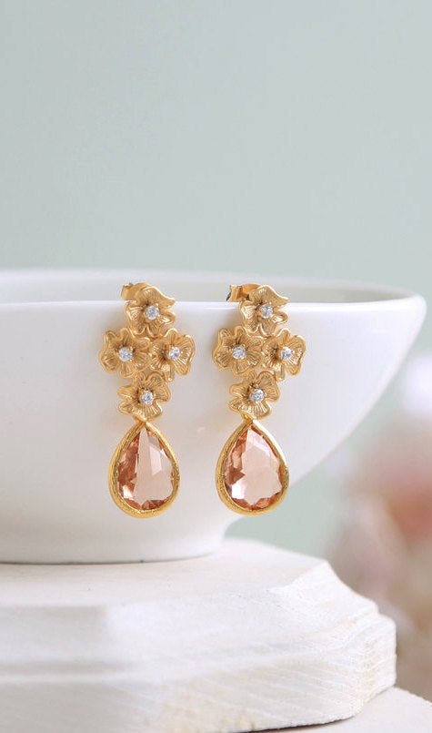 Gold Flowers Cubic Zirconia Peach champagne Glass Post Earrings. 925 Sterling Silver Post, Bridal Earrings, Wedding Bridesmaid Gift