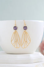 Load image into Gallery viewer, Gold Wing Earrings Purple Glass Gold Dangle Earrings Amethyst Purple Fairy Wings Cicada Wings Angel Wings Wing Jewelry February Birthstone
