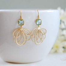 Load image into Gallery viewer, Erinite Blue Gold Fan shaped filigree earrings
