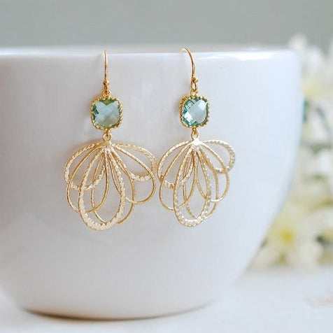 Erinite Blue Gold Fan shaped filigree earrings