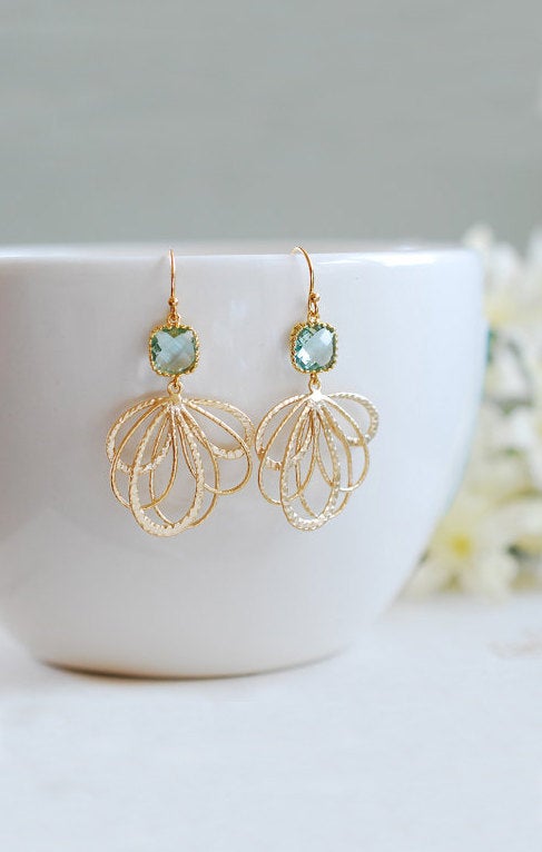 Aqua Blue Earrings in Gold Seafoam Green Dangle Earrings Aqua Wedding Jewelry Bridesmaid Gift March Birthstone Valentines Gift for Her