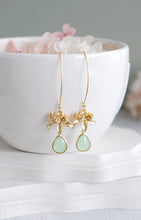 Load image into Gallery viewer, Mint Green Earrings, Gold Lotus Flower Earrings, Long Dangle Earrings, Lotus Jewelry, Yoga Jewelry, Zen Jewelry, Mint Wedding Bridal Jewelry
