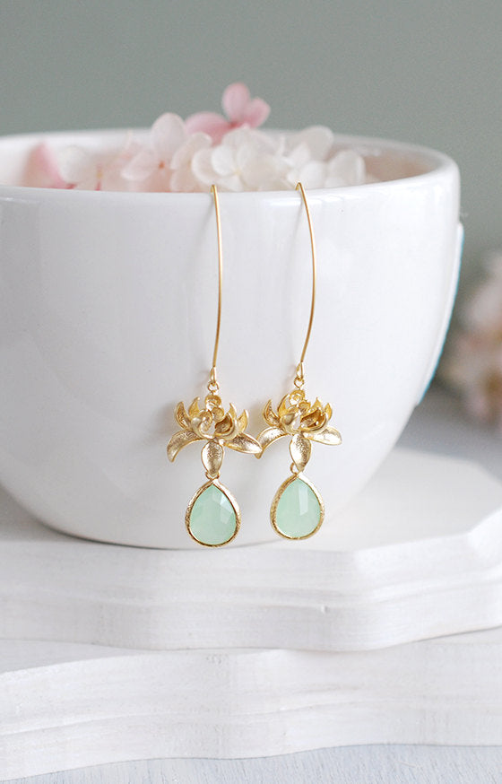 Mint Green Earrings, Gold Lotus Flower Earrings, Long Dangle Earrings, Lotus Jewelry, Yoga Jewelry, Zen Jewelry, Mint Wedding Bridal Jewelry