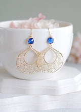 Load image into Gallery viewer, Cobalt Blue Earrings, Gold Filigree Earrings, Sapphire Blue Dangle Earrings, Blue and Gold Chandelier Earrings, Boho Bohemian Jewelry
