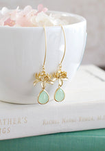 Load image into Gallery viewer, Mint Green Earrings, Gold Lotus Flower Earrings, Long Dangle Earrings, Lotus Jewelry, Yoga Jewelry, Zen Jewelry, Mint Wedding Bridal Jewelry
