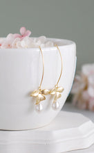 Load image into Gallery viewer, Cream Pearls Dangle Earrings, Gold Orchid Flower Cream Teardrop Pearl Earrings, Wedding Jewelry, Bridesmaid Gifts, Bridal Earrings
