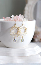 Load image into Gallery viewer, Grey Glass Gold Swirl Hoop Earrings, Gray Black Diamond Gold Circle Boho Chic Bohemian dangle Earrings, Chandelier Earrings
