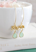 Load image into Gallery viewer, Mint Green Earrings, Gold Lotus Flower Earrings, Long Dangle Earrings, Lotus Jewelry, Yoga Jewelry, Zen Jewelry, Mint Wedding Bridal Jewelry
