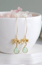 Load image into Gallery viewer, Mint Green Earrings, Gold Lotus Flower Earrings, Long Dangle Earrings, Lotus Jewelry, Yoga Jewelry, Zen Jewelry, Mint Wedding Bridal Jewelry
