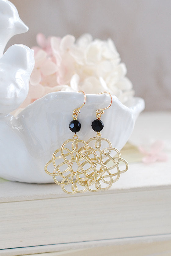 Gold Celtic Knot Earrings with Black Onyx Crystal, Gold Filigree Dangle Earrings, Gold and Black Chandelier Earrings, Wedding Earrings