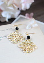 Load image into Gallery viewer, Gold Celtic Knot Earrings with Black Onyx Crystal, Gold Filigree Dangle Earrings, Gold and Black Chandelier Earrings, Wedding Earrings
