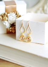 Load image into Gallery viewer, Peach Champagne Dangle Earrings, Glass Drop Earrings, Gold Dangle Earrings, Champagne Wedding, Bridesmaid Earrings, Chandelier Earrings
