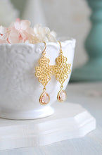 Load image into Gallery viewer, Peach Champagne Crystal Gold Filigree Earrings. Peach Wedding Earrings
