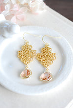 Load image into Gallery viewer, Peach Champagne Crystal Gold Filigree Earrings. Peach Wedding Earrings
