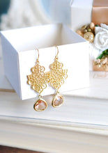 Load image into Gallery viewer, Peach Champagne Crystal Gold Filigree Earrings. Peach Wedding Earrings
