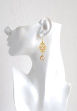 Load image into Gallery viewer, Peach Champagne Crystal Gold Filigree Earrings. Peach Wedding Earrings
