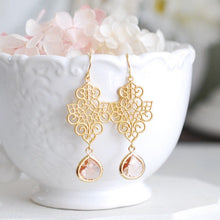 Load image into Gallery viewer, Gold Ornate Filigree Peach Champgne Crystal Earrings. Peach Wedding Earrings 
