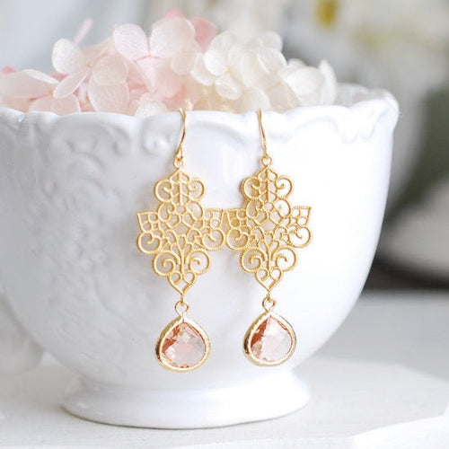 Gold Ornate Filigree Peach Champgne Crystal Earrings. Peach Wedding Earrings 